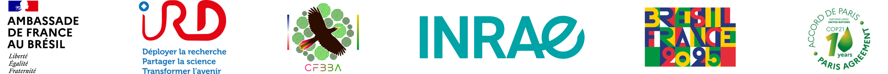 Logo Ambassade France au Br&eacute;sil, IRD, CFBBA, INRAE, France-Br&eacute;sil 2025 and Accord de Paris