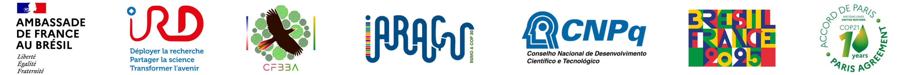 Logo Ambassade France au Br&eacute;sil, IRD, CFBBA, Iara&ccedil;u, CNPq, France-Br&eacute;sil 2025 and Accord de Paris
