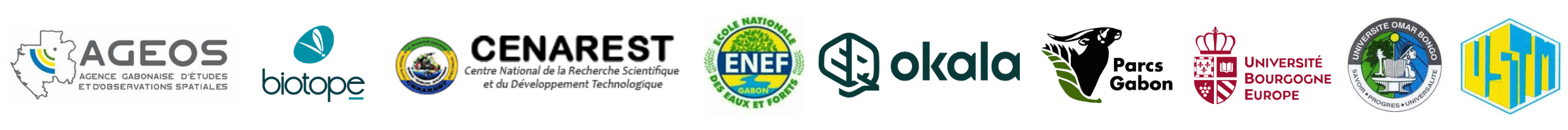 Logo AGEOS, Biotope, CENAREST, ENEF, Okala, ANPN, UBE, UOB and USTM